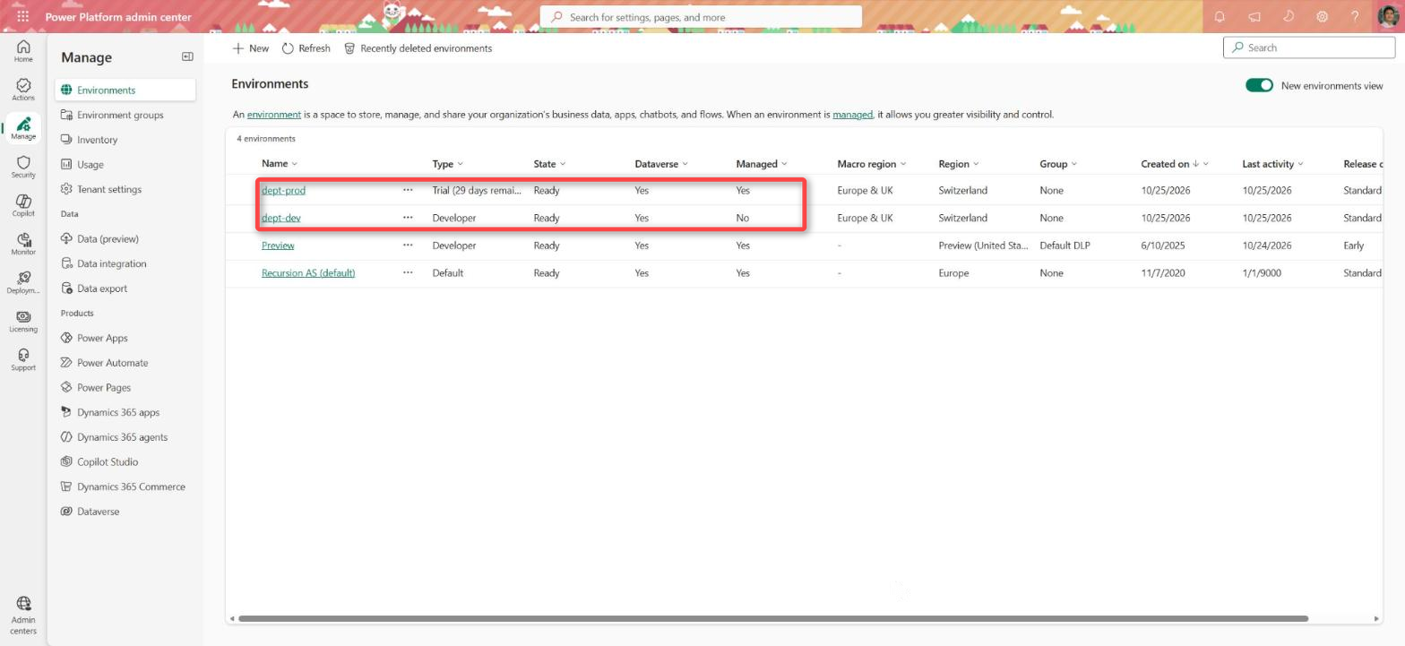 Power Platform admin center: the environment list with dept-dev as a Developer environment and dept-prod as a managed Trial environment