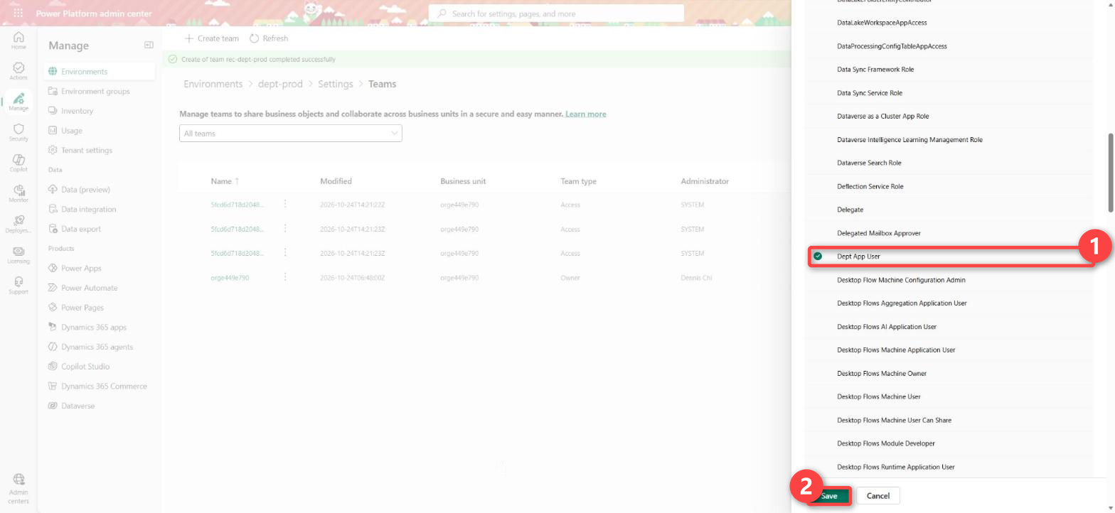 Manage security roles for the rec-dept-prod team in dept-prod with Dept App User ticked