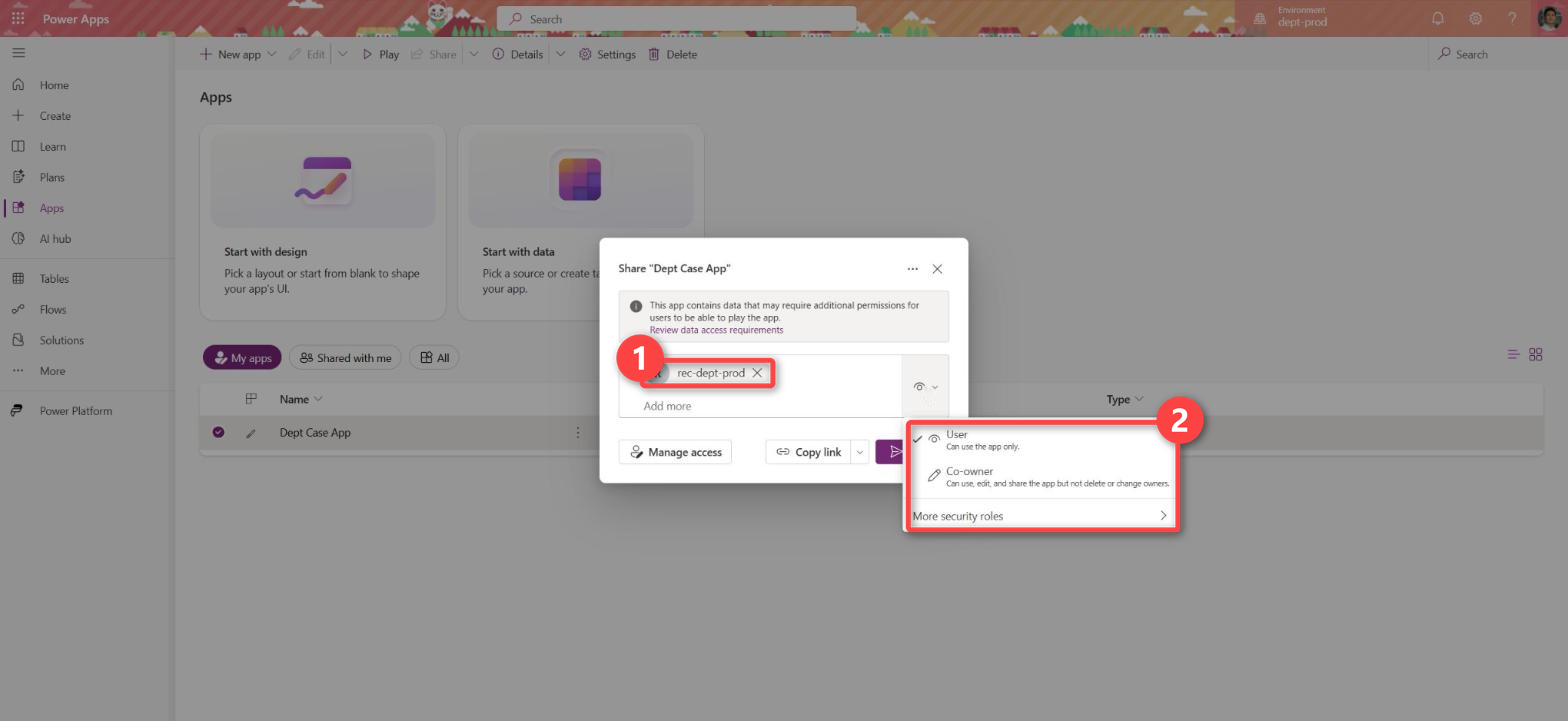 Share dialog for the code app with the security group rec-dept-prod selected and the access options User, Co-owner and More security roles