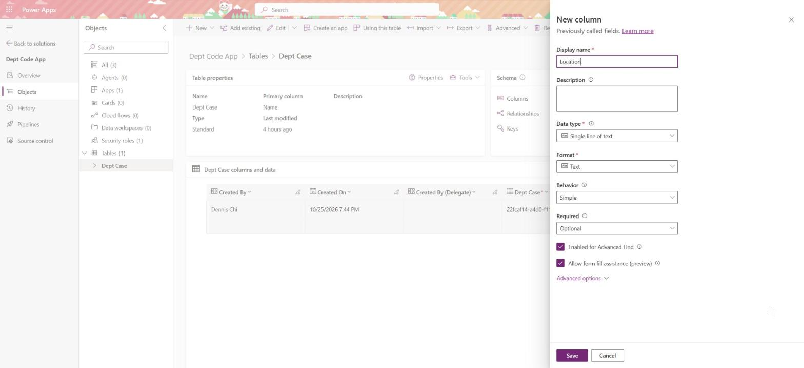 New column panel on the Dept Case table in dept-dev: display name Location, data type Single line of text, format Text