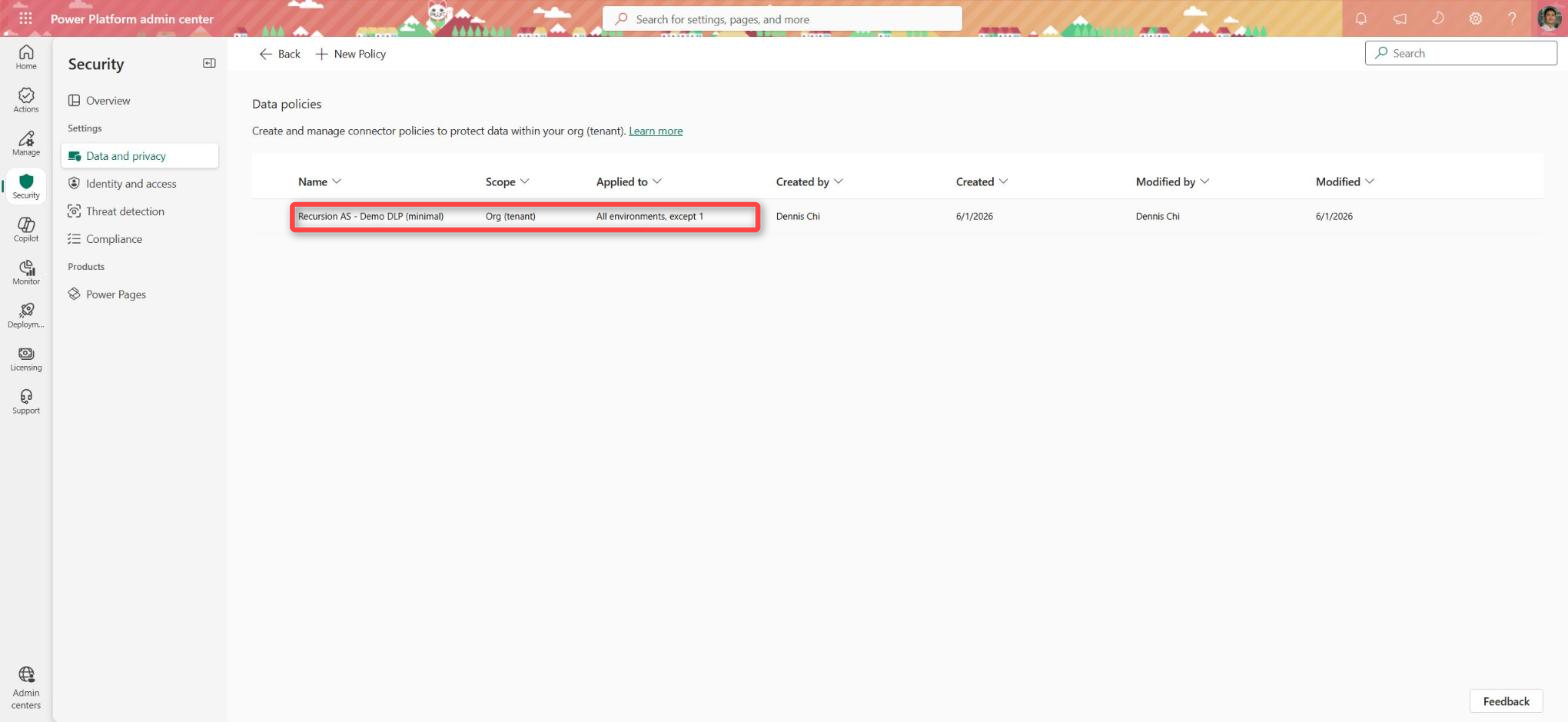 Power Platform admin center, Security, Data policies: the tenant data policy that covers the environments