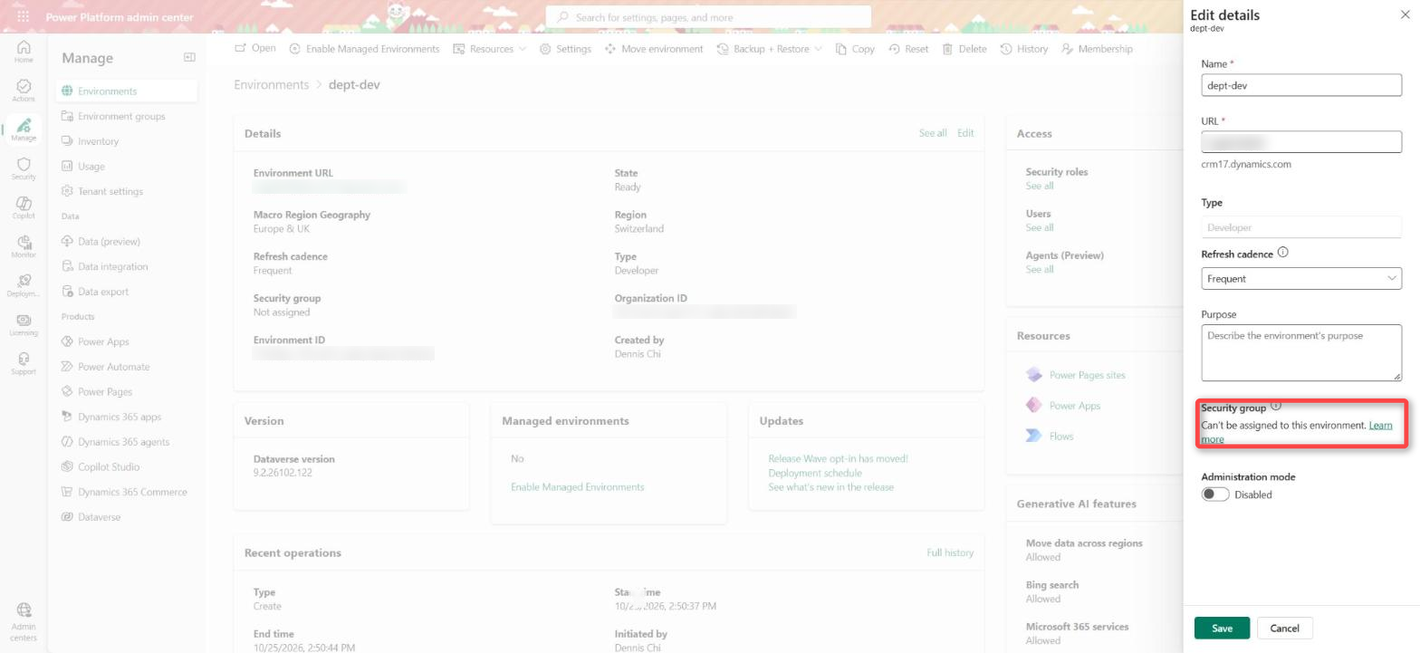 Edit details on a Developer environment: Security group shows Can't be assigned to this environment