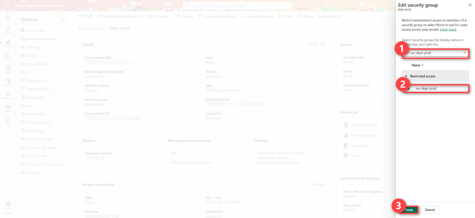 Edit security group on the dept-prod environment: search for rec-dept-prod, select it, Done