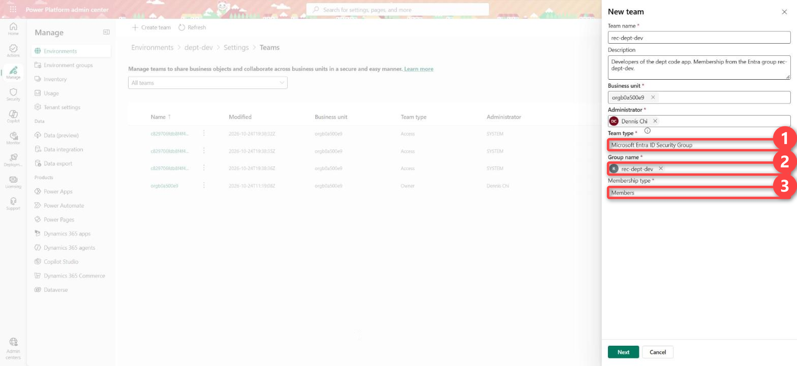 New team in dept-dev: team type Microsoft Entra ID Security Group, group name rec-dept-dev, membership type Members
