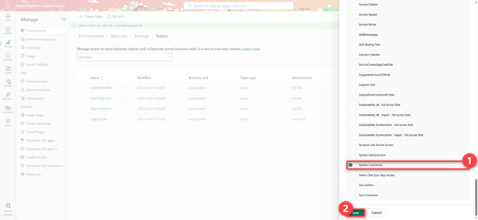 Manage security roles for the rec-dept-dev team with System Customizer ticked