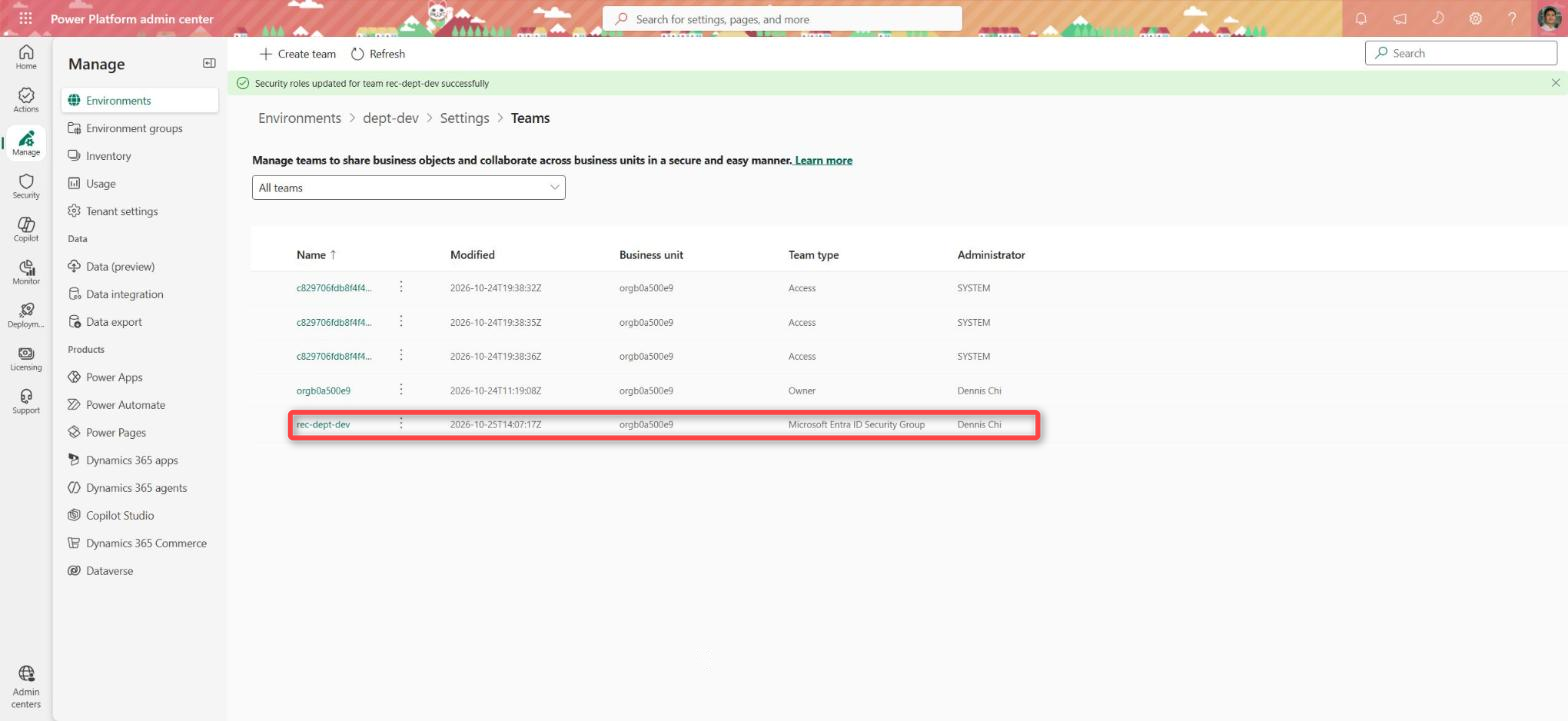 The Teams list in dept-dev with rec-dept-dev as a Microsoft Entra ID Security Group team