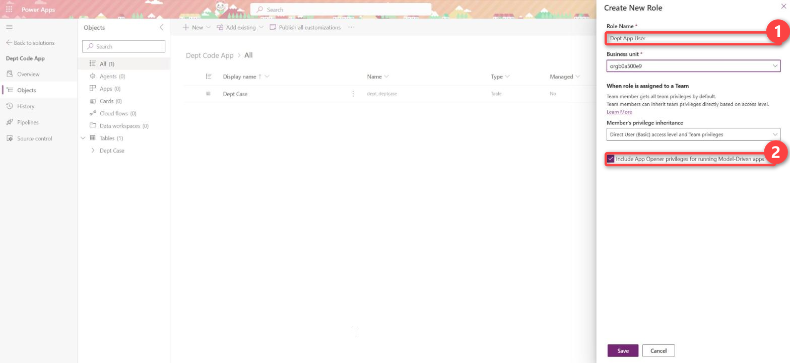 Create New Role in the solution: role name Dept App User with App Opener privileges included