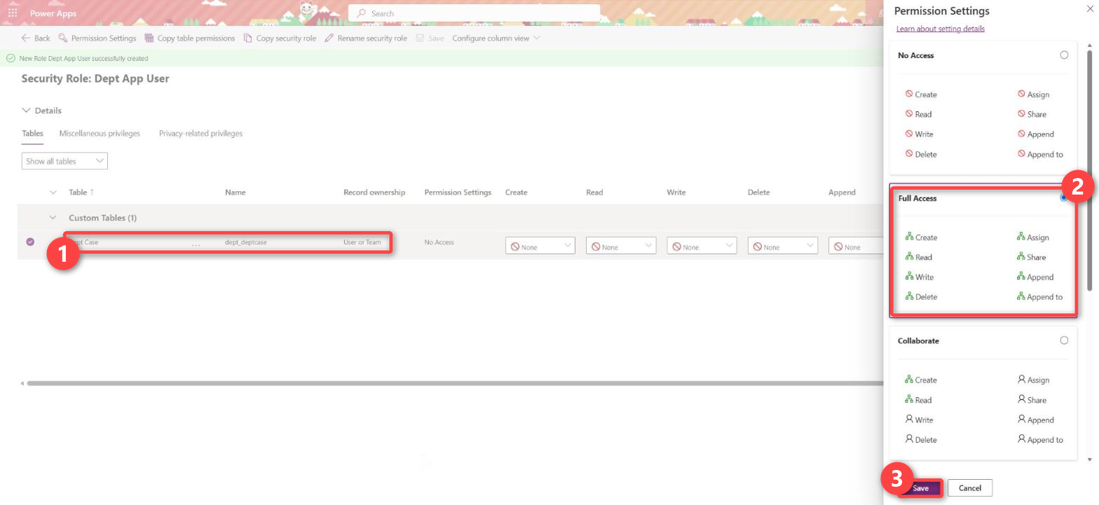 Permission Settings for the Dept Case table: the Full Access preset selected, then Save