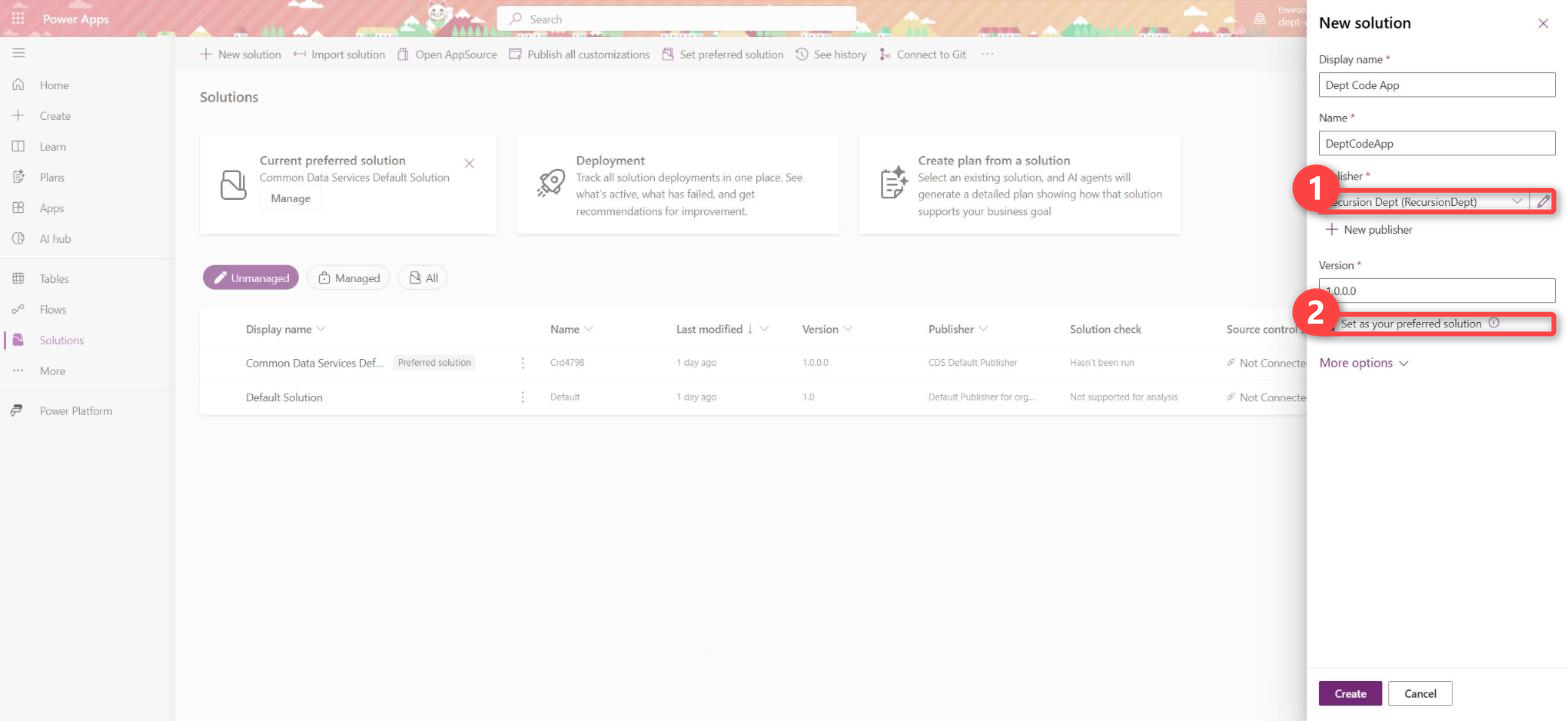 New solution Dept Code App with publisher Recursion Dept, prefix dept, and Set as your preferred solution ticked