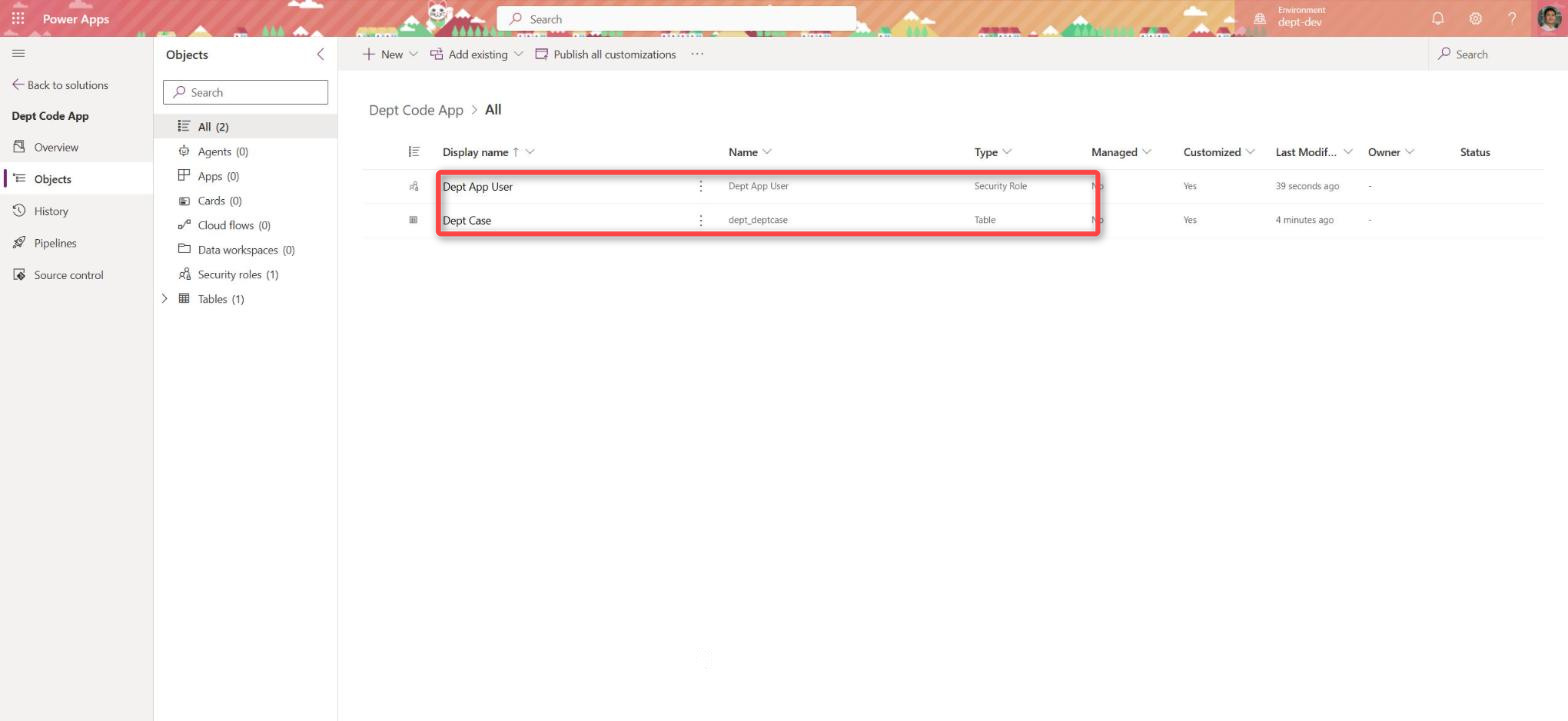 Solution objects: the Dept App User security role and the Dept Case table