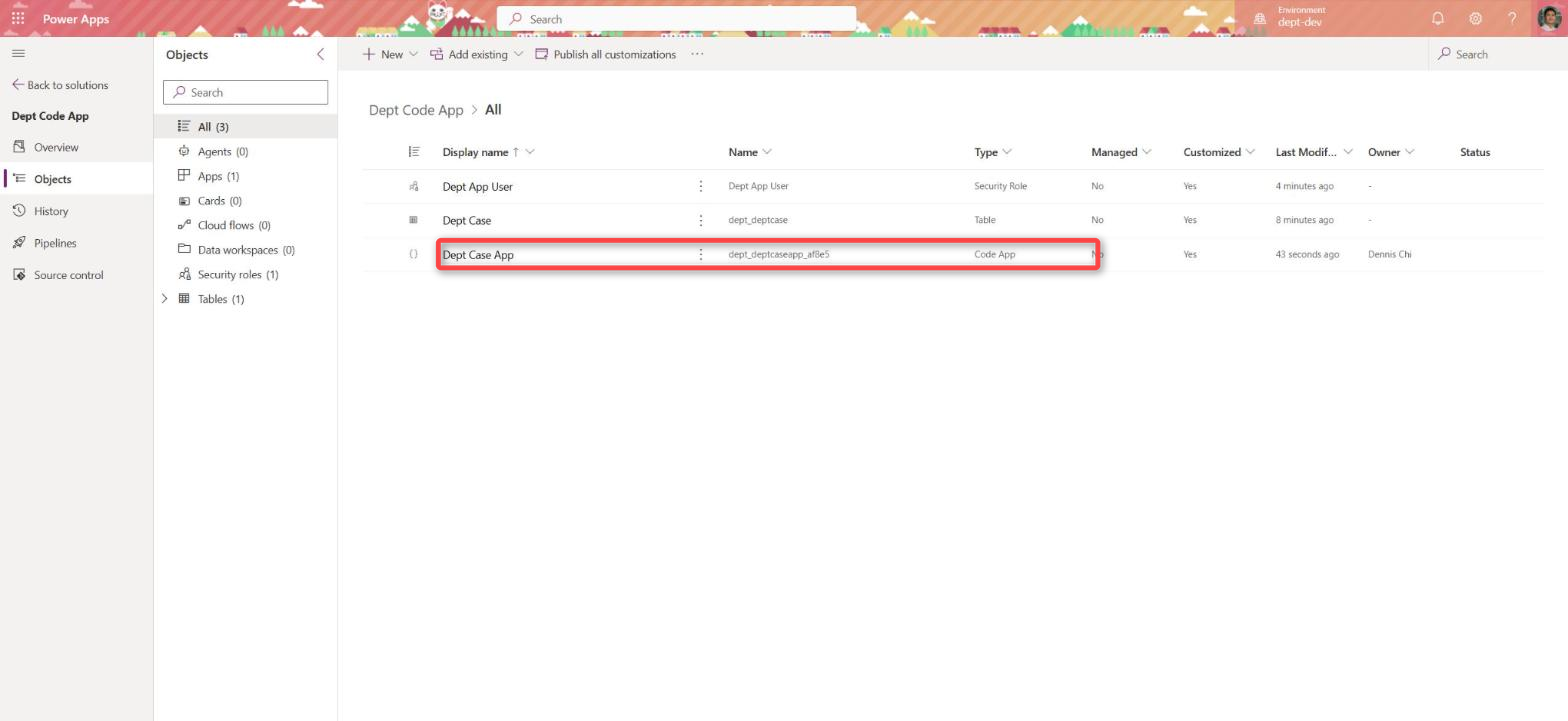 Solution objects after pa app push: the Dept Case App code app added next to the role and the table