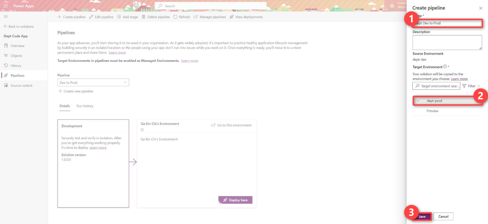 Create pipeline from dept-dev with dept-prod selected as the target environment
