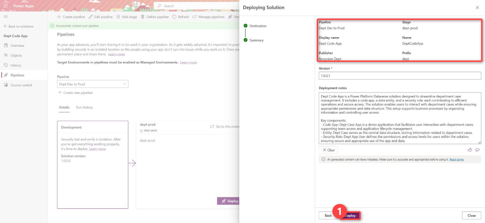 Deploying Solution summary: pipeline Dept Dev to Prod, stage dept-prod, version 1.0.0.1, with Deploy highlighted