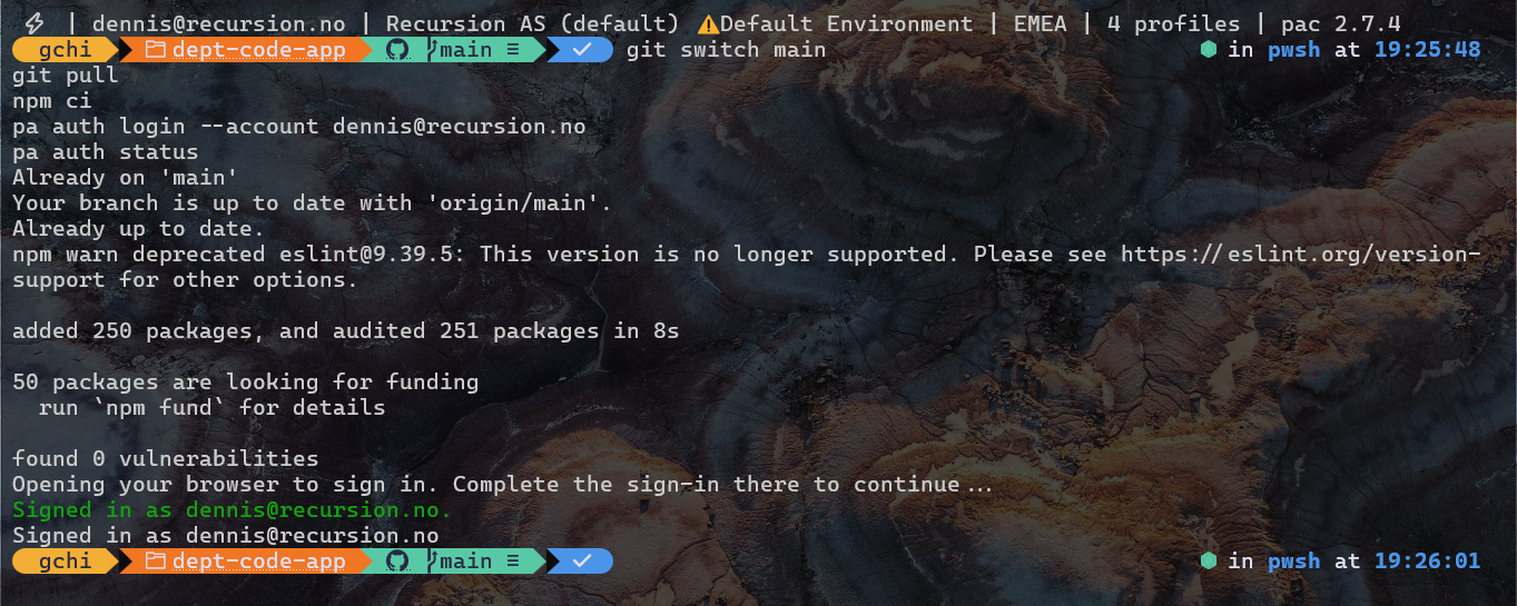 Terminal: git switch main, git pull, npm ci, pa auth login and pa auth status, ending with Signed in as the developer