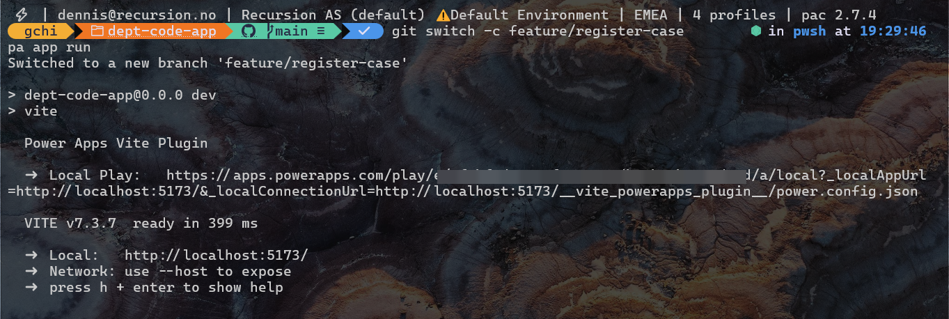 Terminal: git switch -c feature/register-case and pa app run, with the Local Play URL from the Power Apps Vite plugin