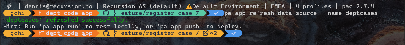 Terminal: pa app refresh data-source --name deptcases reports deptcases refreshed successfully