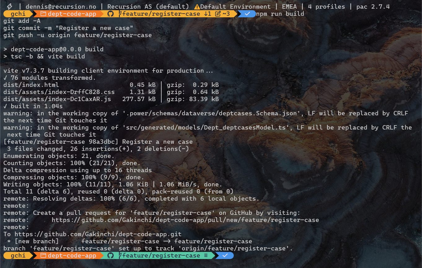 Terminal: npm run build, git add, git commit and git push of the feature branch, with GitHub offering to create a pull request
