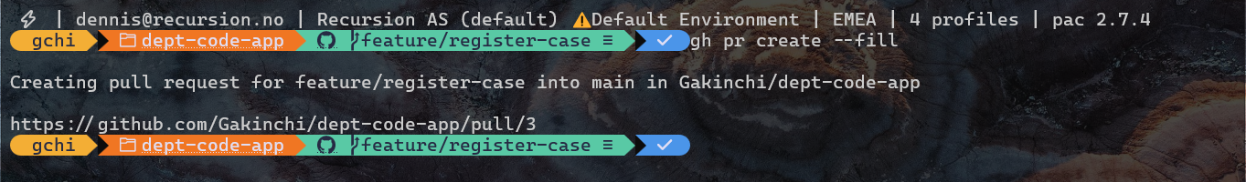Terminal: gh pr create --fill opens pull request 1 for feature/register-case into main