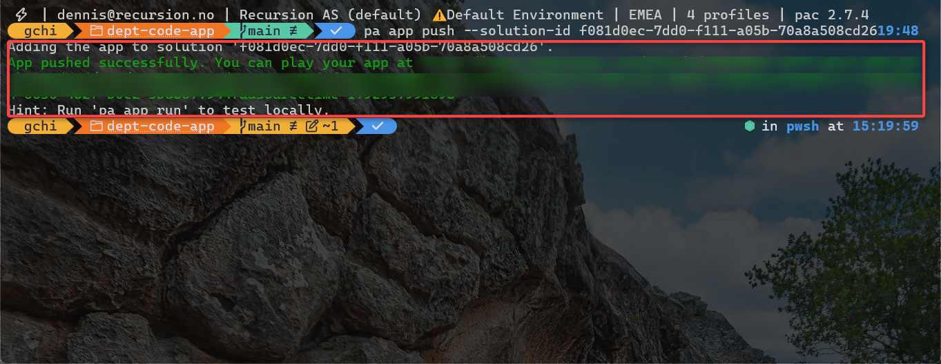 Terminal: pa app push with a solution ID adds the app to the solution and returns the play URL